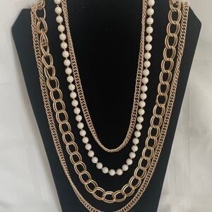 Gold Multi-Strand Multi Length Necklace w/White Beads - Women Jewelry - Trio set
